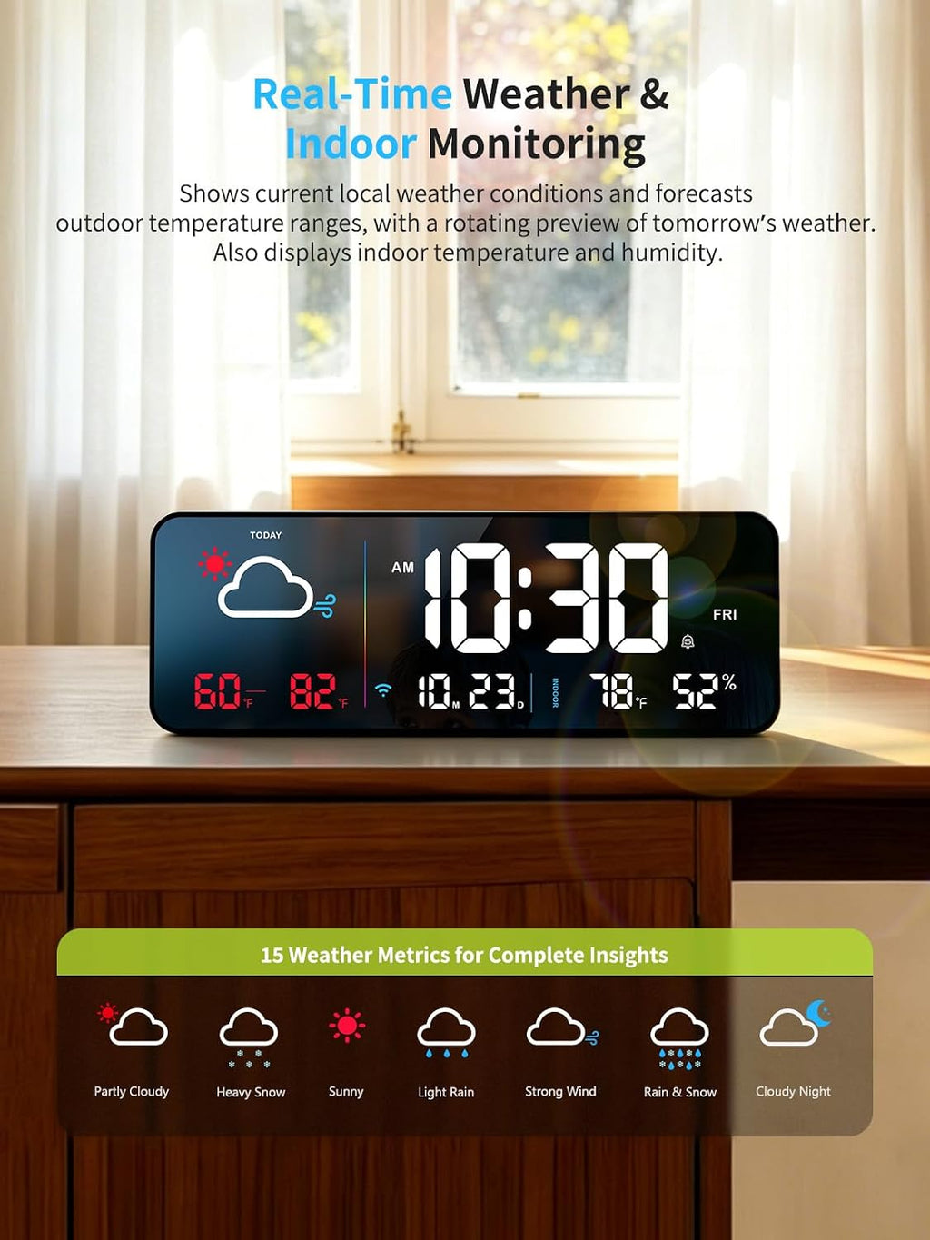 Digital Wall Clock, Digital Clock Large Display with Network Auto-Synced, Corded Smart LED Alarm Clocks Real-Time Shows Weather, Indoor/Outdoor Temp Humidity for Living Room Bedroom Classroom Office