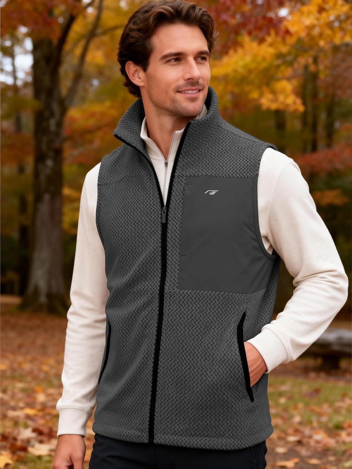 Mens Fleece Vest Mock Neck Full Zip Textured Sleeveless Jacket with Zippered Chest Pocket Active Fit Hiking Golf Top
