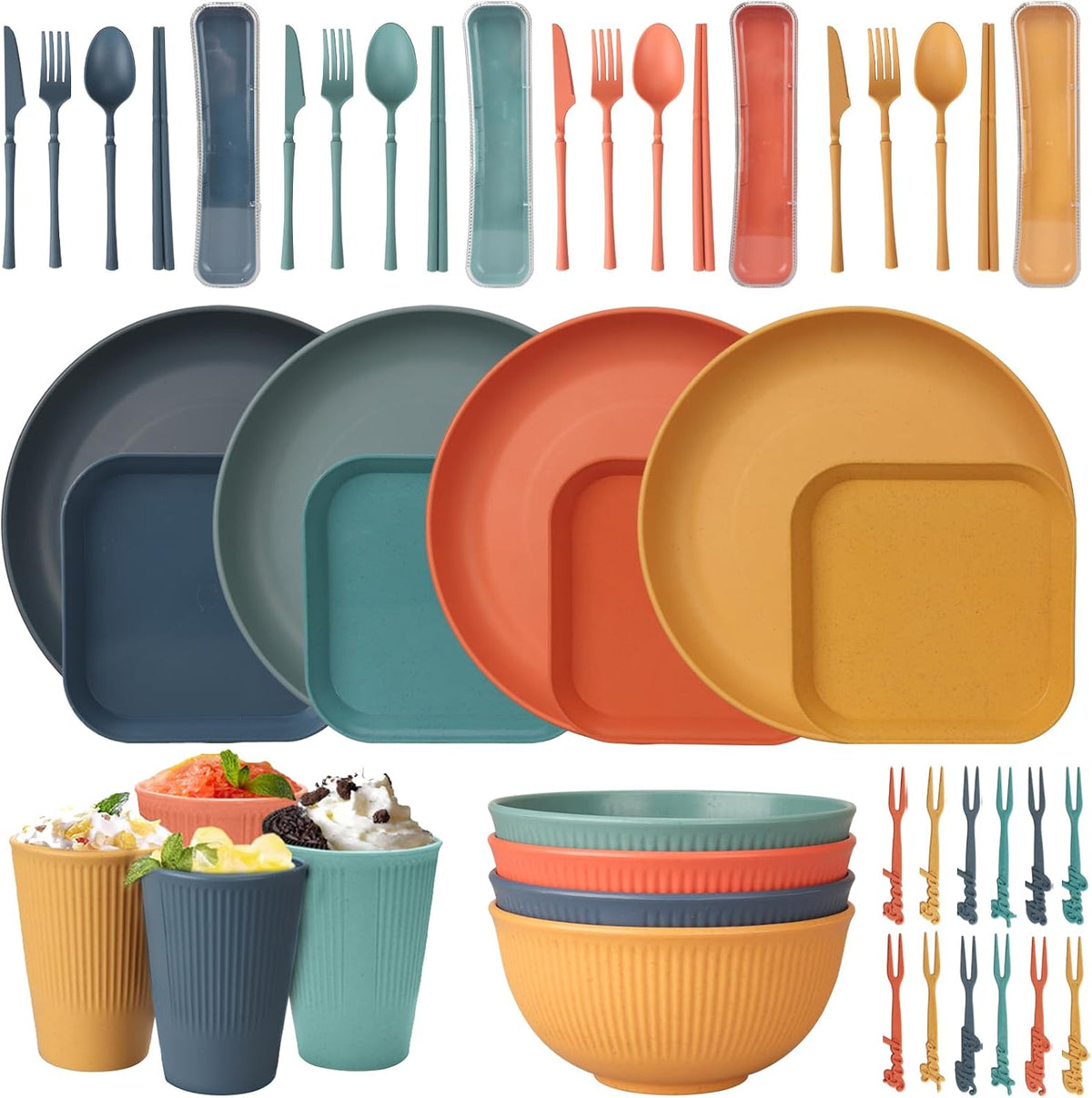48 Pcs Dinnerware Sets, Unbreakable Plates and Bowls Sets, Reusable Dinnerware Sets for 4 People, Travel Camping Picnic Home Party Cutlery Set, Dishwasher Microwave Safe Dishes