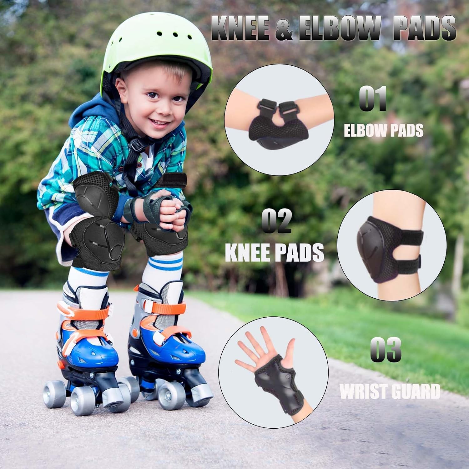 Kids/Youth Knee Pads Elbow Pads for 3-14Years Boys Girls 6 in 1 Kids Protective Gear Set Adjustable for Skating Cycling Bike Rollerblading Scooter Roller Skates