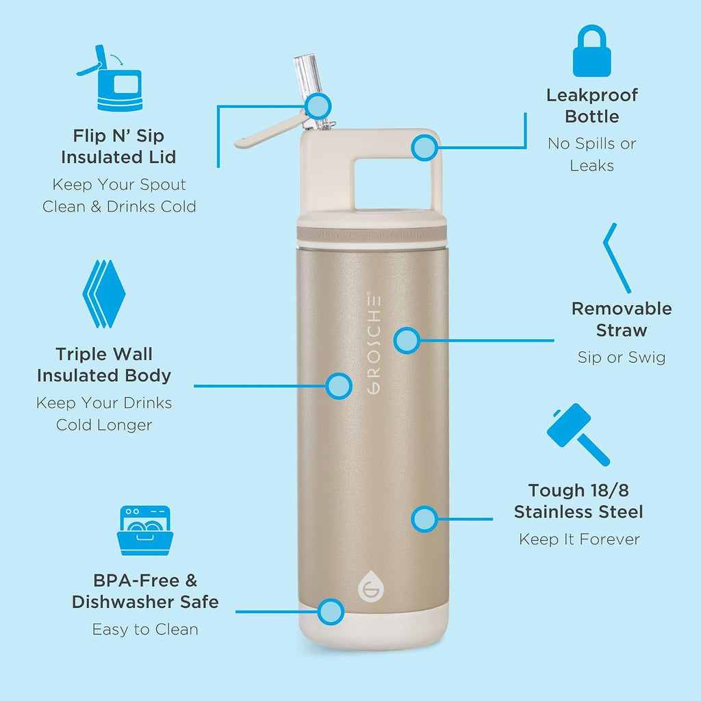 GROSCHE Alpine Flip 'N Sip Steel Water Bottle with Straw, Sand Beige, 20 oz