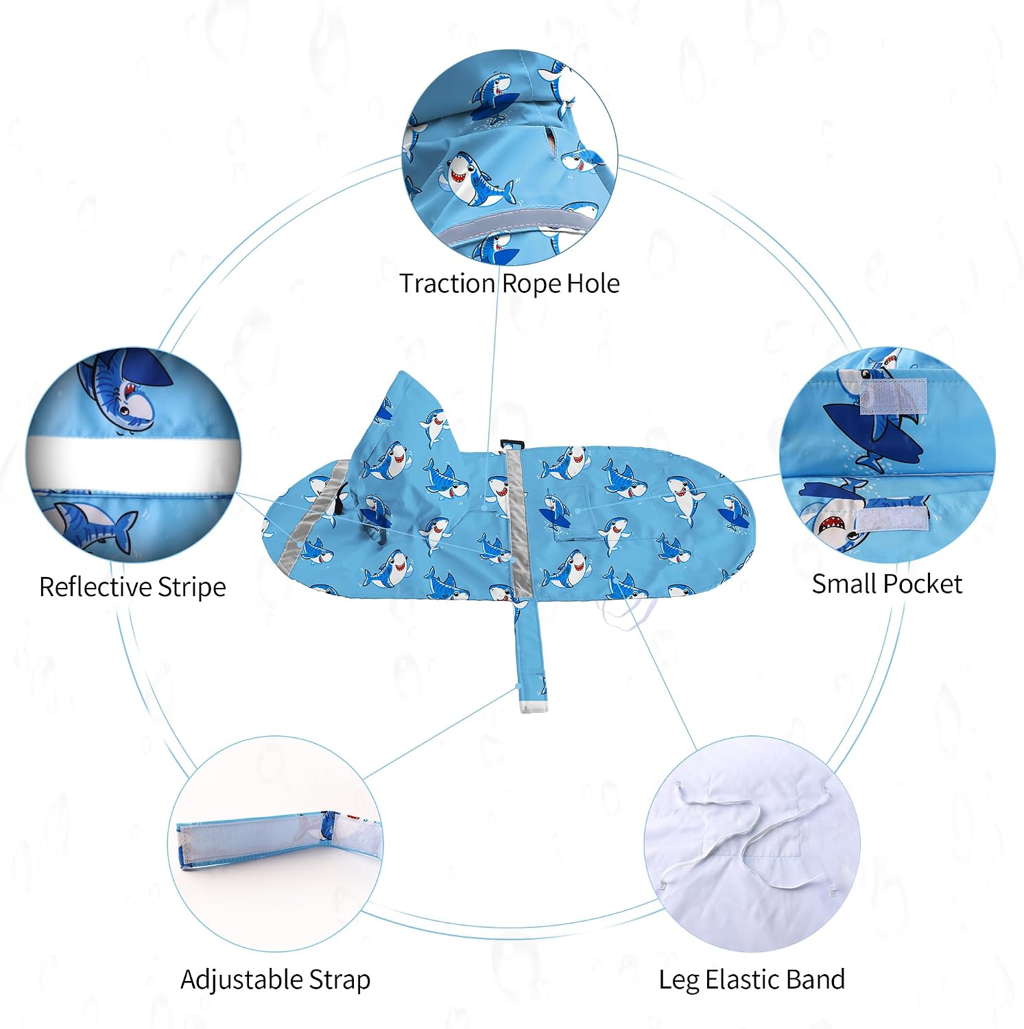 NACOCO Large Dog Raincoat Adjustable - Pet Shark Water Proof Clothes Lightweight Rain Jacket Poncho Hoodies with Strip Reflective Blue (L, Blue Shark)