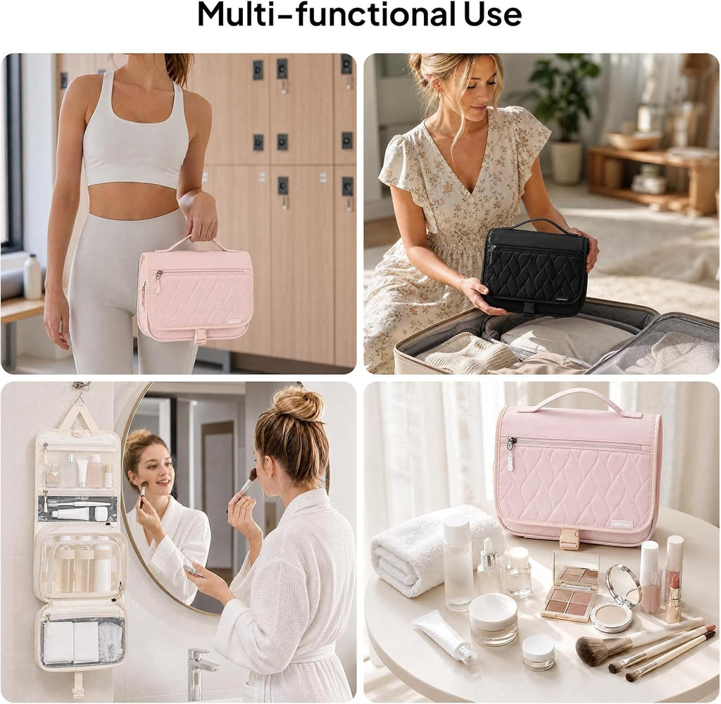 TOPEAST Quilted Travel Toiletry Bag for Women,Detachable Hanging Makeup Bag