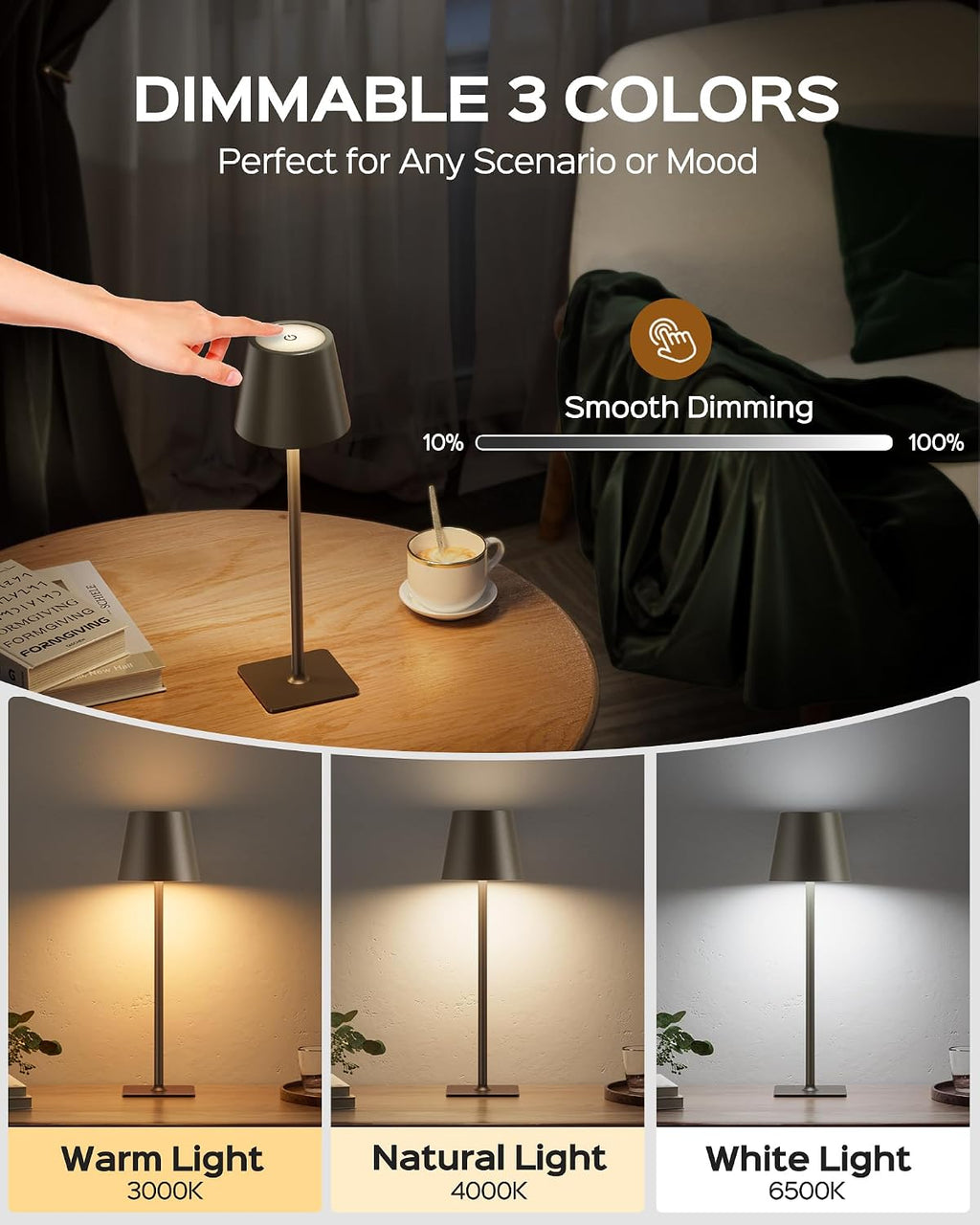 JACKYLED Cordless Lamp DIY Height, 3 Color Stepless Dimming, 5000 Capacity