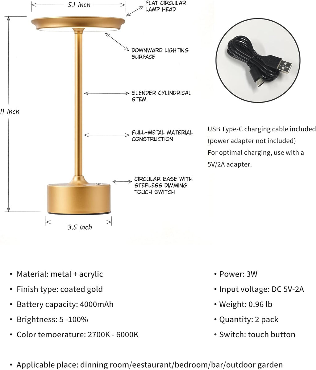 PUSU Rechargeable Table Lamps Set of 2, Gold Cordless Portable Desk Lamp