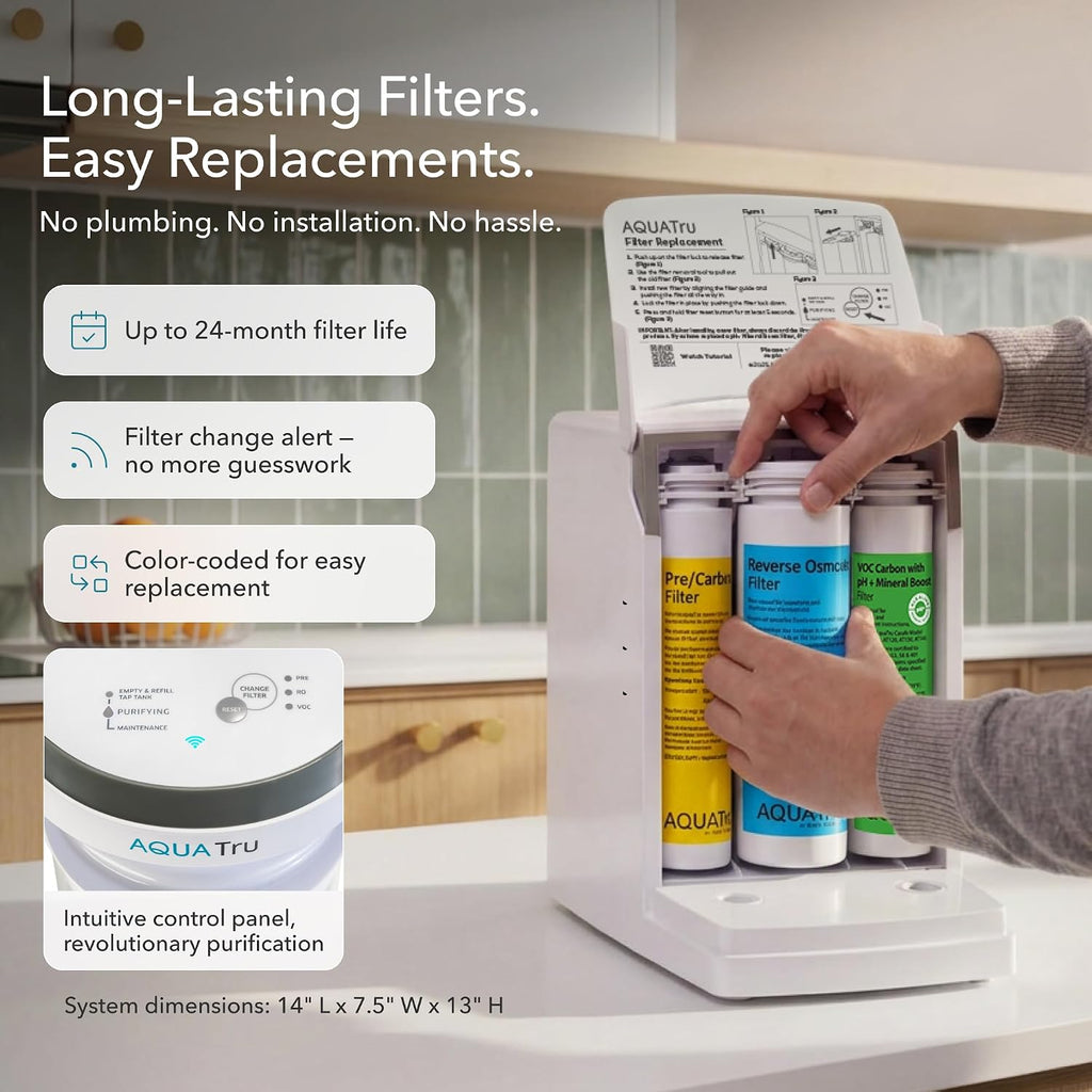 AquaTru Glass Carafe Smart Alkaline Countertop RO Purifier | WiFi Connected 4 Stage RO System | Removes 84 Contaminants Including PFOA & PFOS (PFAS), Lead and Microplastics | Adds Minerals