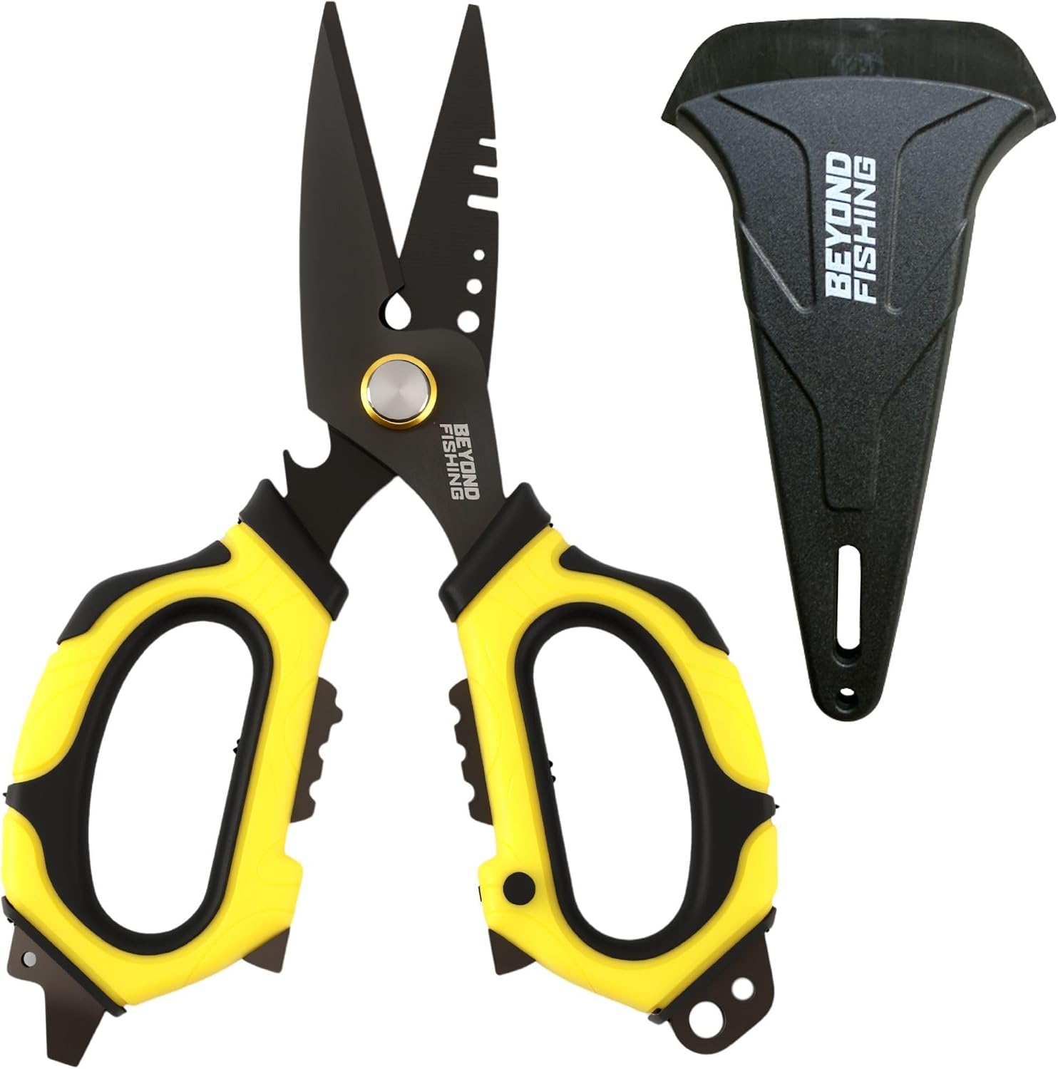Beyond Fishing 6.5" Pro Fishing Shears Dual Serrated Blades, Fishing Braided Line Scissors with Titanium Coating, Non-Slip Grip & Multifunction Tool, Includes Hard Molded Locking Sheath