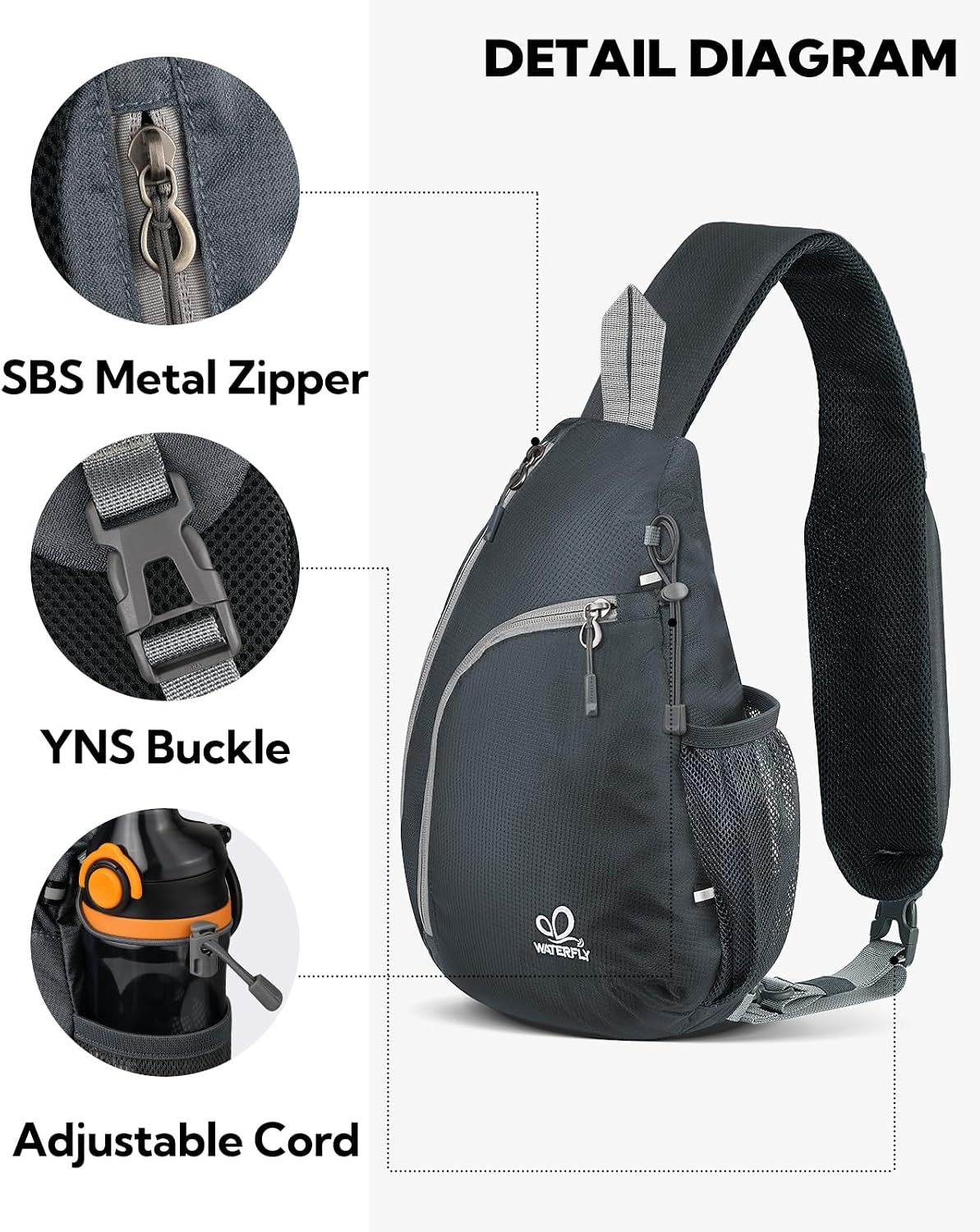 WATERFLY Crossbody Sling Bag, Small Shoulder Chest Backpack