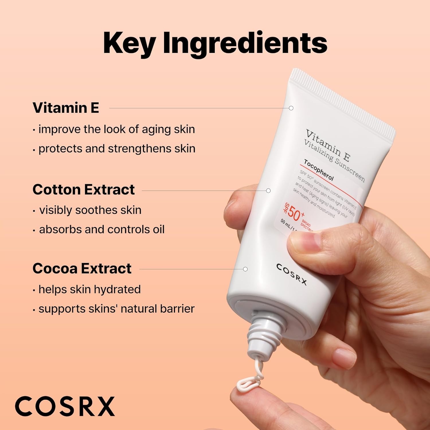 COSRX Vitamin E Sunscreen SPF 50, Natural Glow, for Oily Skin, 1.69 fl oz