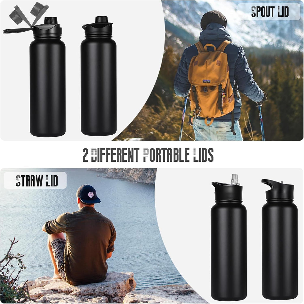 40 oz Insulated Water Bottle with Straw, Stainless Steel Sports Water Bottles with 2 Lids (Straw and Wide Mouth lid), Double Wall Vacuum, Leakproof, BPA-Free, Black