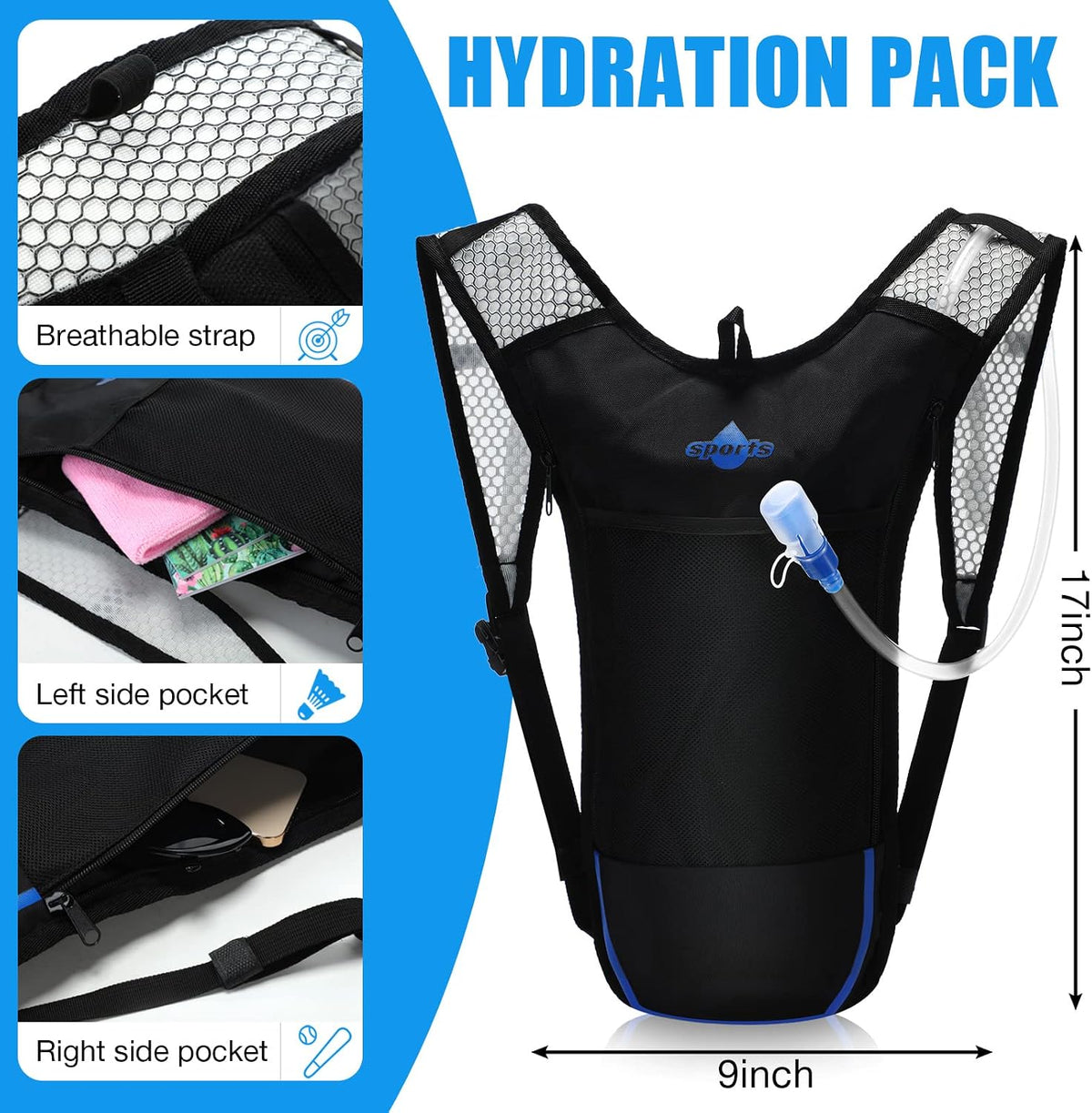 Reginary 2 Pack Hydration Backpack with 2L Water Bladder, Blue, White