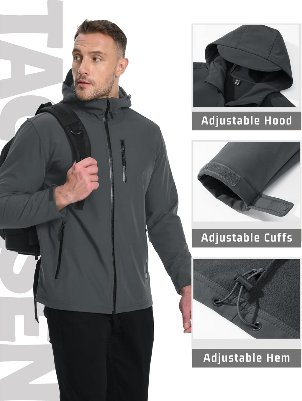 TACVASEN Mens Hooded Fleece Lined Waterproof Softshell Jacket Lightweight