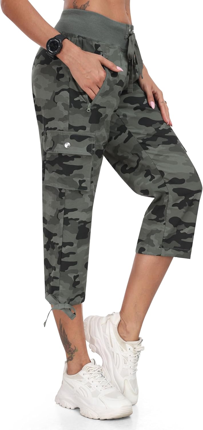 MoFiz Women's Cargo Capris Pants Loose Fit Casual Hiking Pants Lightweight Quick Dry Travel Summer Pants for Women