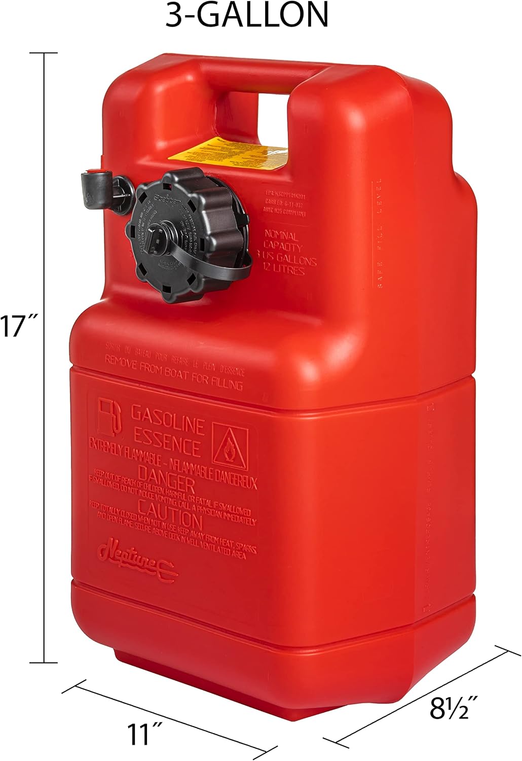 Scepter 3 Gallon Portable Marine Gas Can, Boat Fuel Tank, 2-Way Vented Cap, Built-In Fuel Line Pick-Up, Top Handle, EPA & CARB Compliant, Neptune Series, 17.25"L x 11"W x 8.5"H (08590)