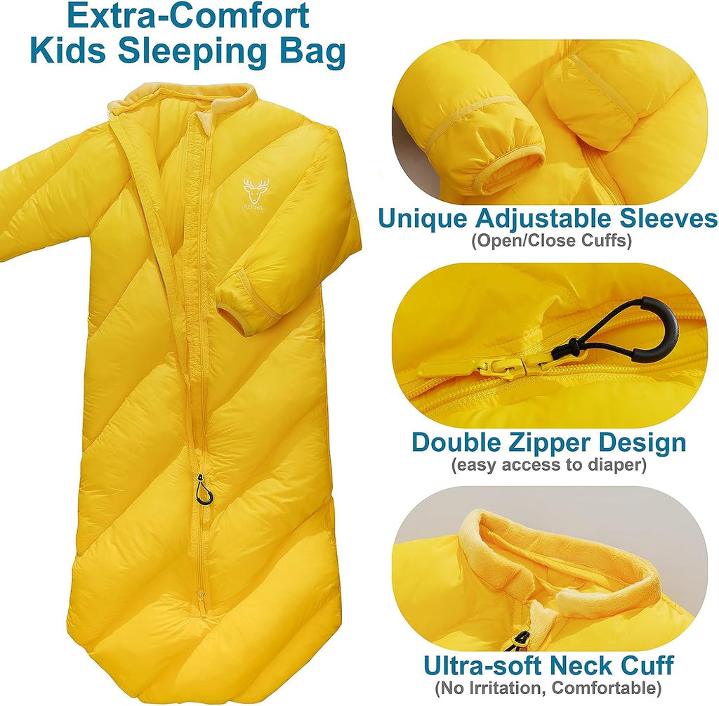 T40 Toddler Sleeping Bags Boys Girls | Ages 2-4 | Puffy Kids Sleeping Bag Camping Sleepovers |up to 46 in| Lightweight Compact Comfort for Indoor Outdoor Machine Washable (Yellow)