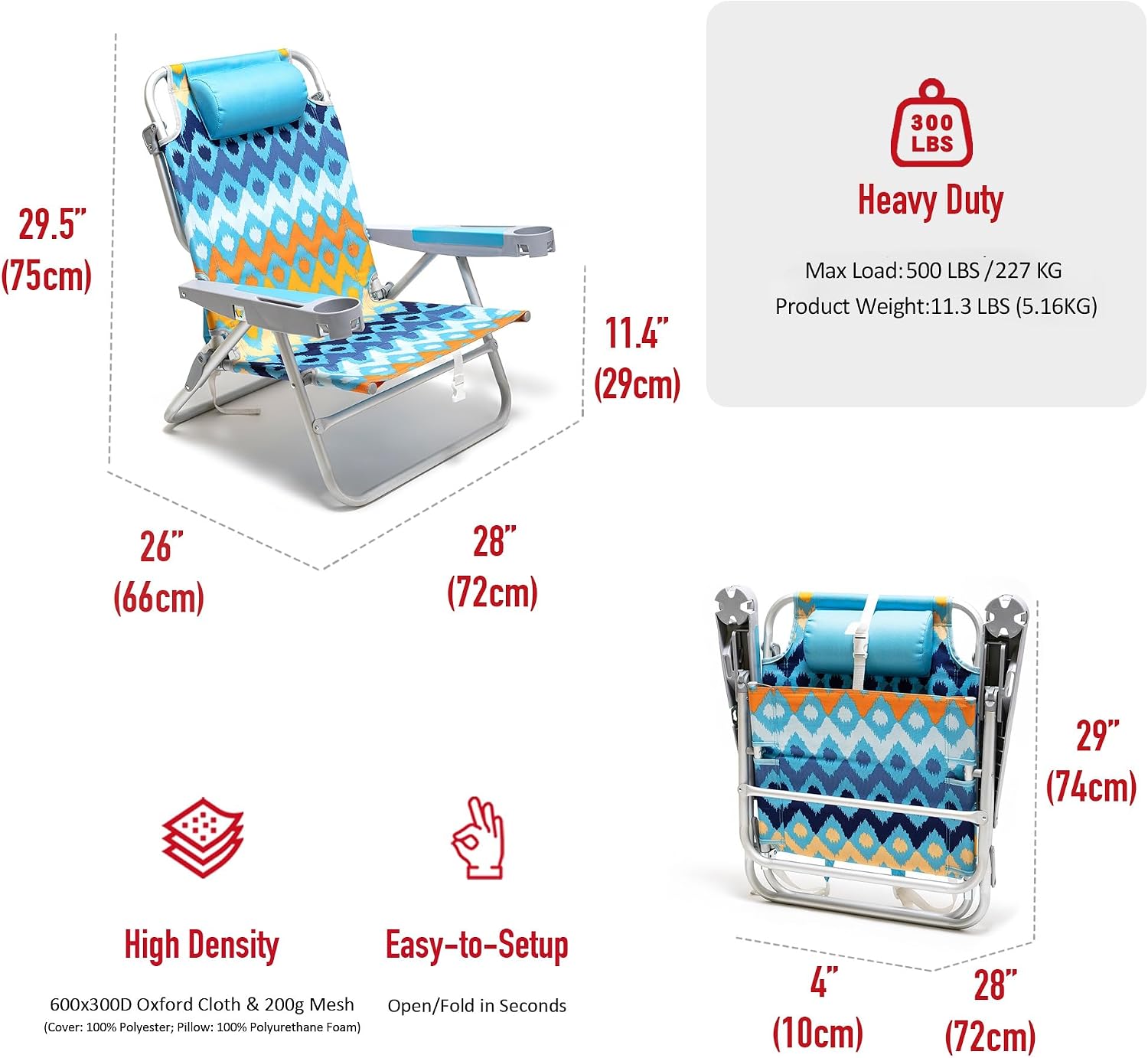 SUNNYFEEL Extra Wide 28" Low Beach Chair 5 Position Lay Flat, XL Oversized Portable Folding Camping Chairs with Cup Holder for Outdoor/Trip, Lightweight Foldable Backpack Beach Chair for Adults