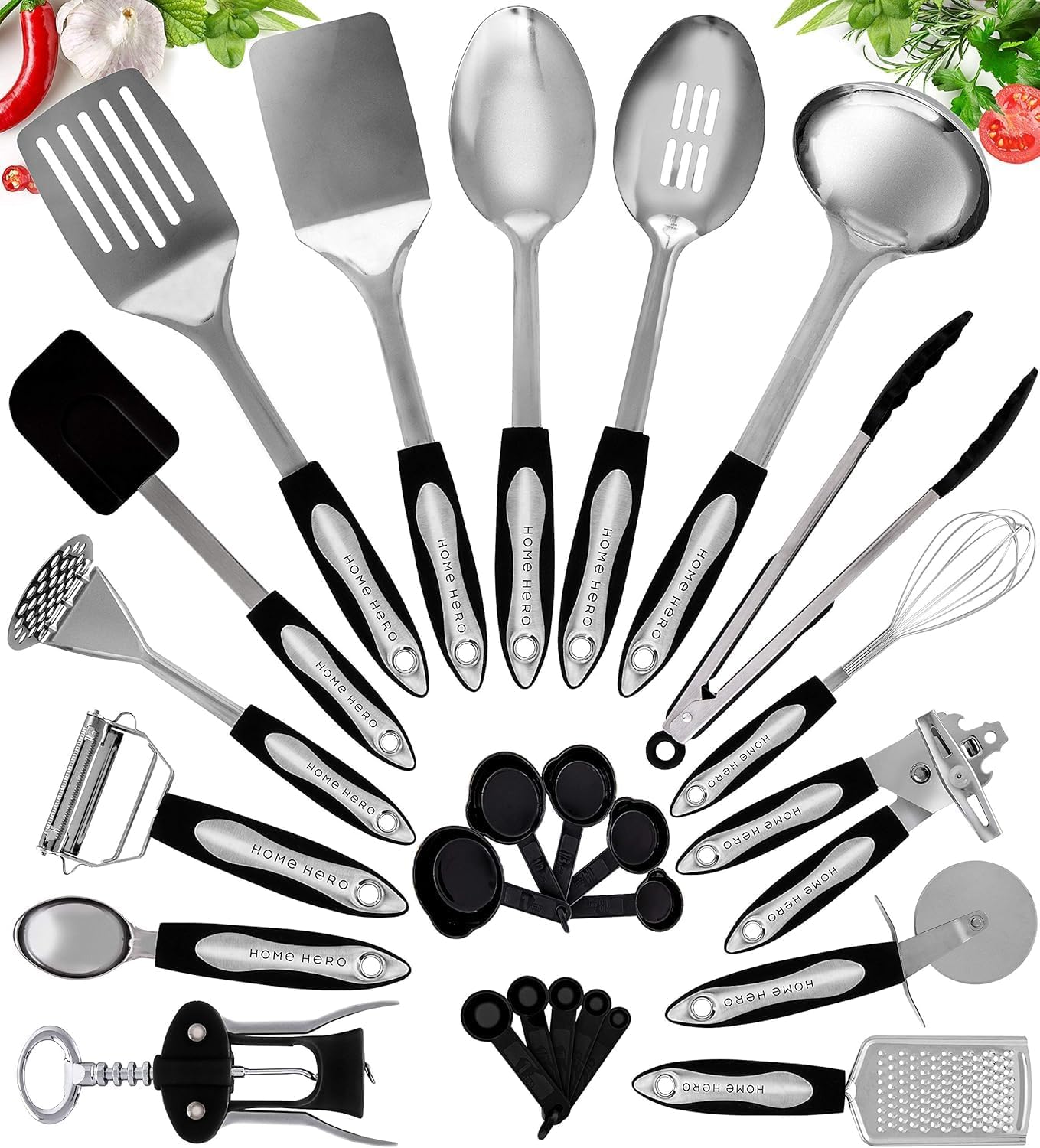 Home Hero Stainless Steel Kitchen Utensils Set - Heat-Resistant Silicone & Nonstick Tools - Durable Stainless Steel Kitchen Gadgets - Complete Kit Measuring Cups & Spoons - 41-Piece Set