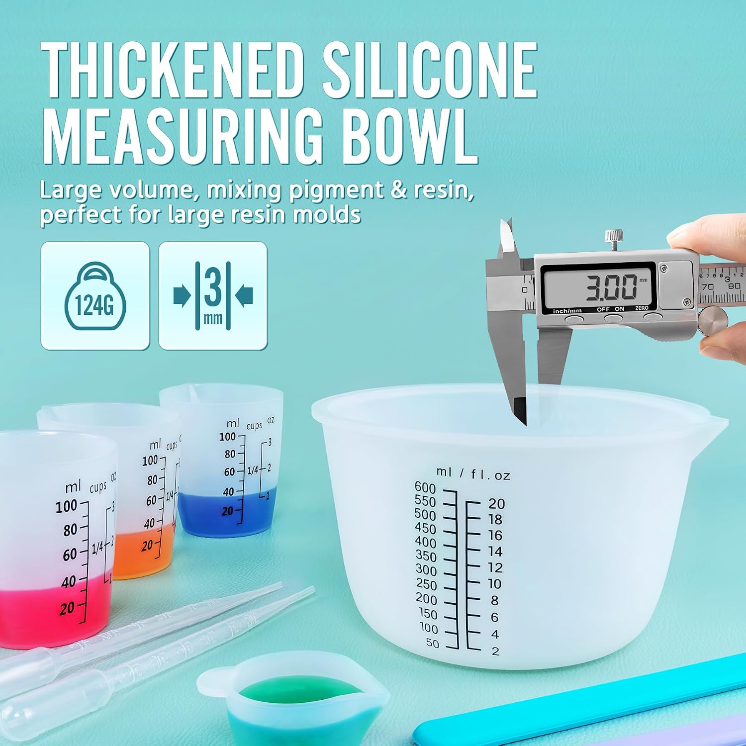 Silicone Resin Mixing Measuring Cups for Resin Supplies, Easy-to-Read Marks, 600ml/20oz Bowl, 250&100ml Thickened Reusable Silicone Cups for Epoxy Mixing, with Stir Sticks, Jewelry Making