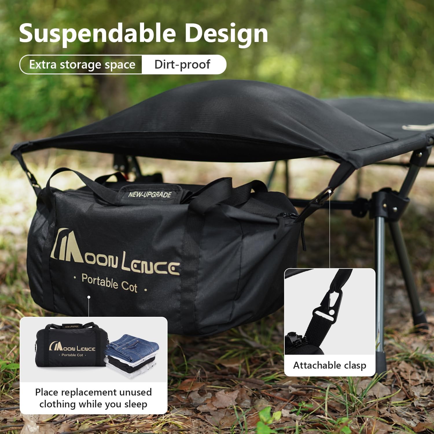 MOON LENCE Camping Cot, Height Adjustable with Cot Leg Extenders, Strong Support 330lbs, Lightweight Comfortable Folding Bed for Camping, Hiking, Travel, Truck, Beach, Office Nap,Backpacking