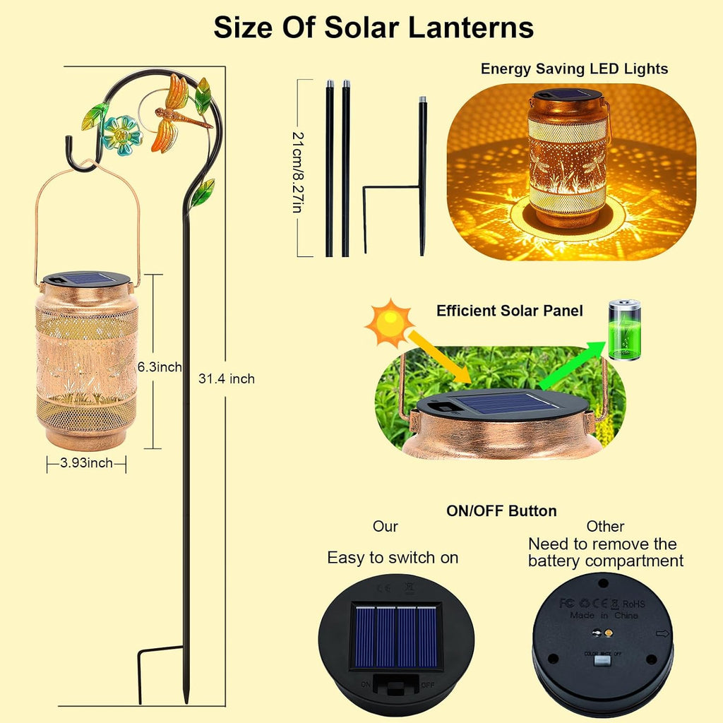 2 Pack Dragonfly Solar Lanterns Outdoor Waterproof Solar Garden Decor, Birthday Gifts for Women Mom Grandma, Metal Hanging Lights with Shepherd Hook for Outside Yard Patio Pathway Porch