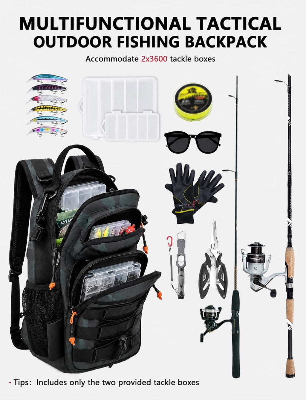 2 in 1 Compact Tactical Fishing Backpack with Tackle Boxes, Lightweight Waterproof Tackle Bag Fit 2 * 3600 Tackle Boxes, 2 Rod Holders Storage, Fishing Accessories Gift for Men Green