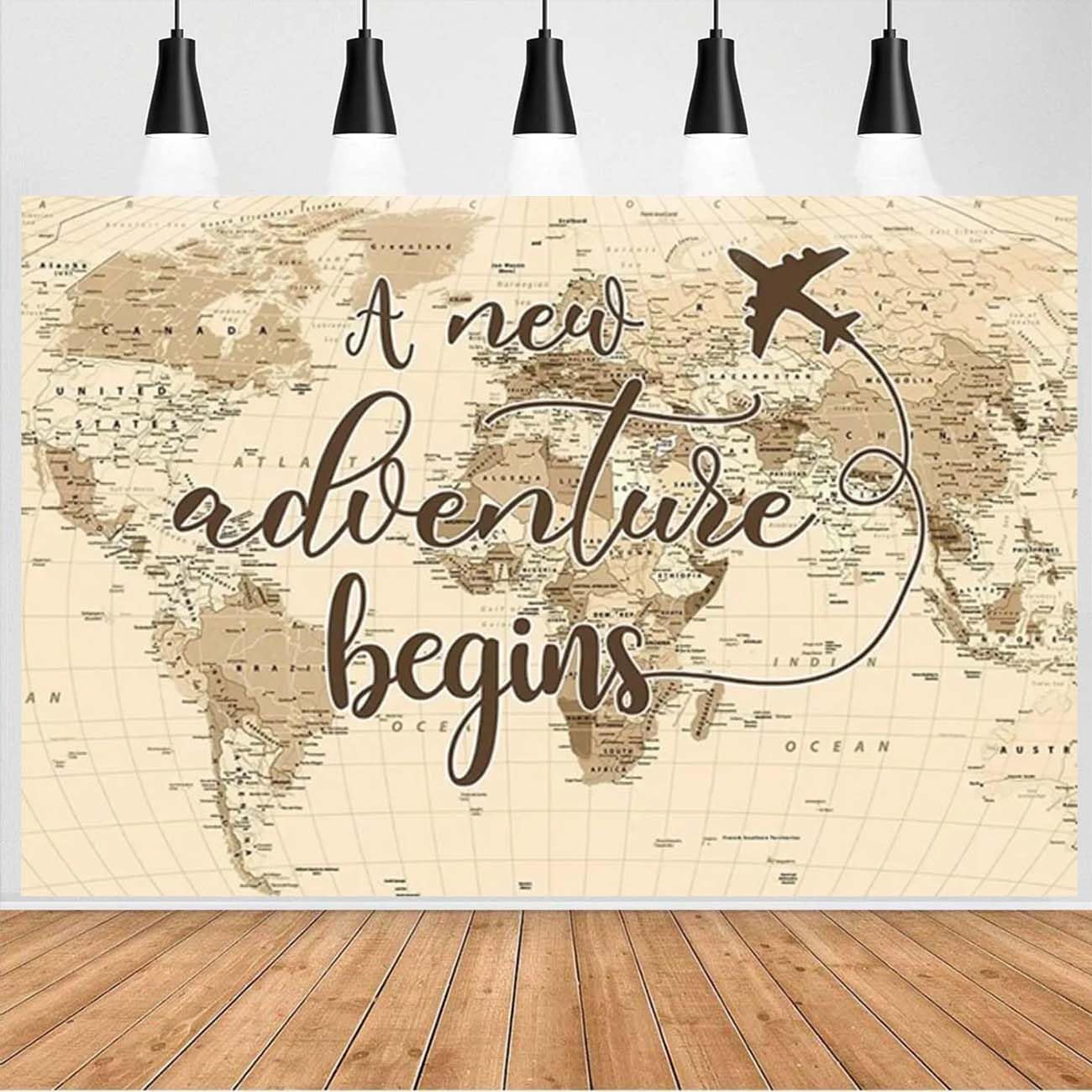 A New Adventure Begins Travel Backdrop Vintage World Map Around World Airplane Birthday Bridal Shower Photography Backdrops Newborn Baby Shower Birthday Party Decoration (7x5feet)