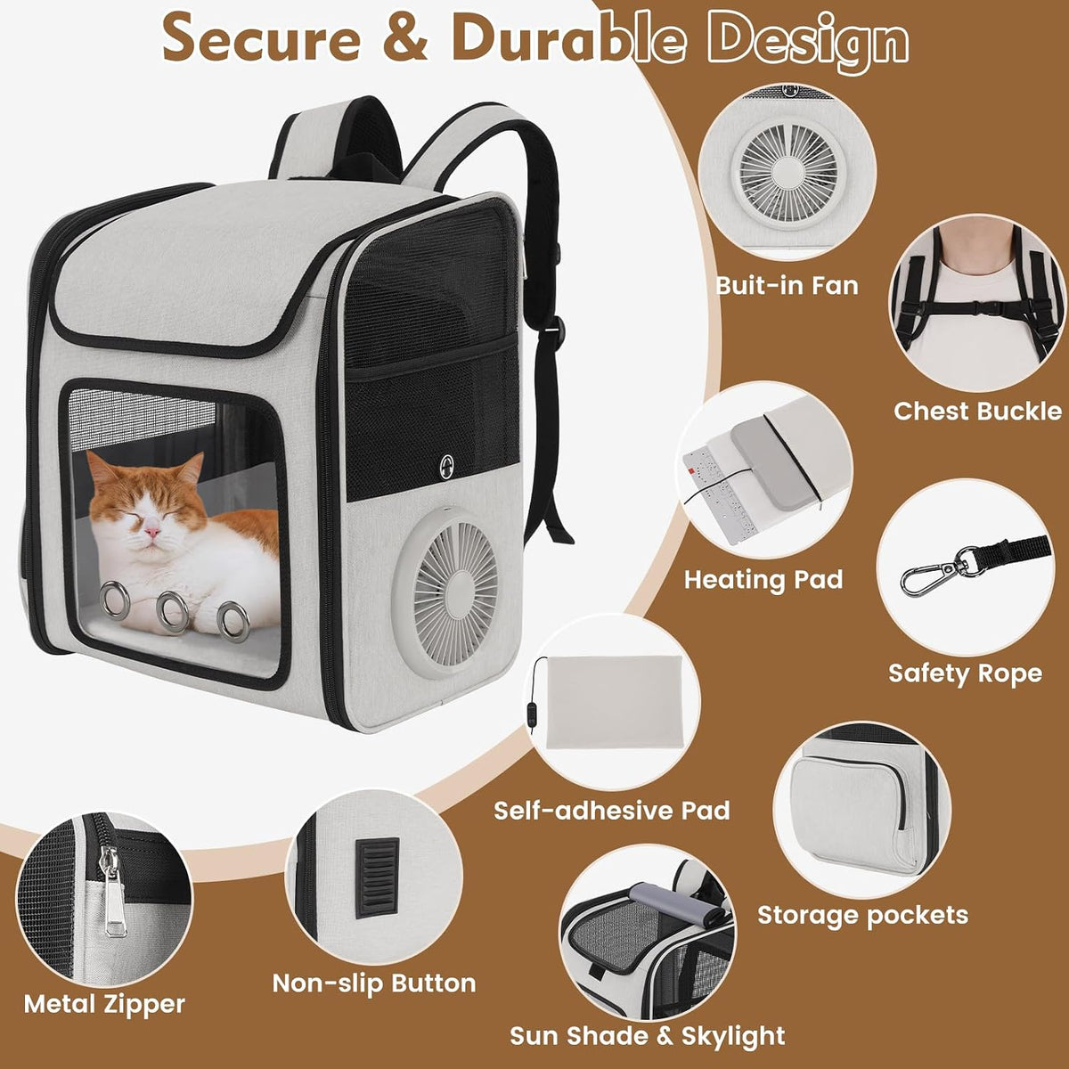 Cat Backpack Carrier with Cooling Fan & Heating Pad up to 18 lbs
