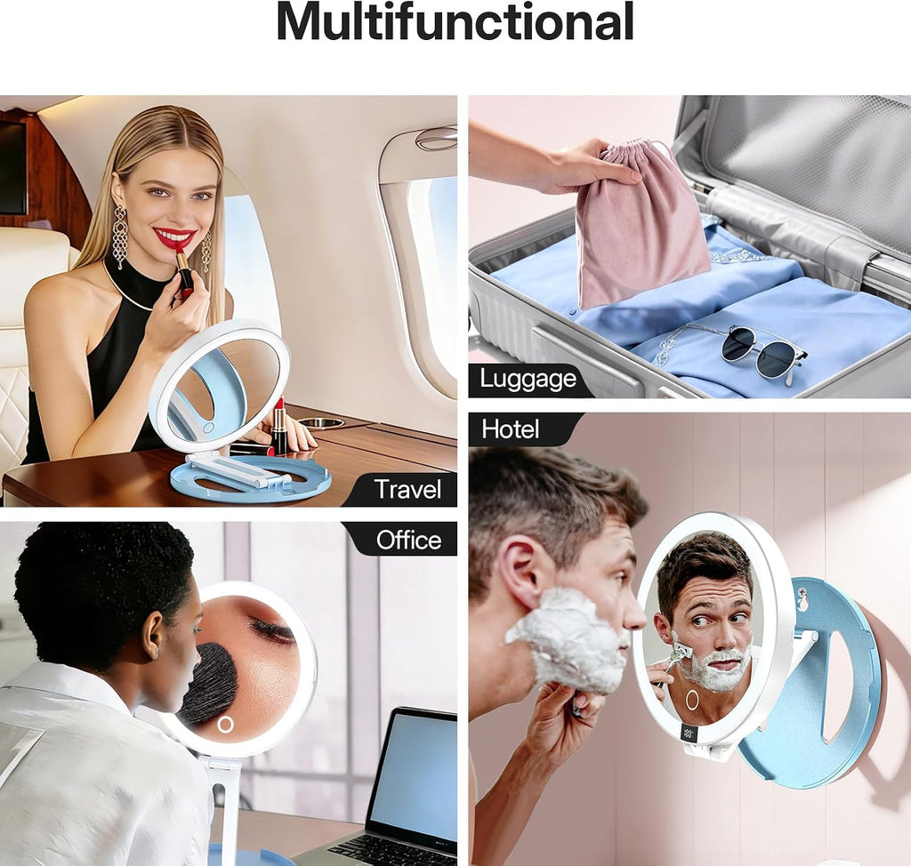 LitBear Travel Mirror with Lights, Foldable 10X/1X Magnifying Mirror, Rechargeable & Portable Lighted Makeup Mirror for Beauty, 3 Color Lighting, Dimmable Touch Screen, Smart Display (Sky Blue)