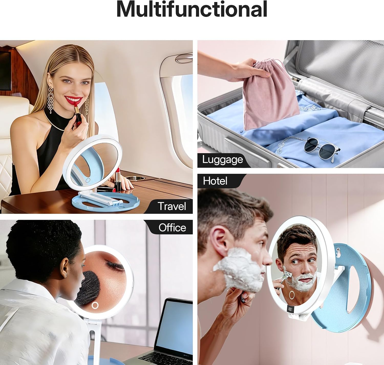 LitBear Travel Mirror with Lights, Foldable 10X/1X Magnifying Mirror, Rechargeable & Portable Lighted Makeup Mirror for Beauty, 3 Color Lighting, Dimmable Touch Screen, Smart Display (Sky Blue)
