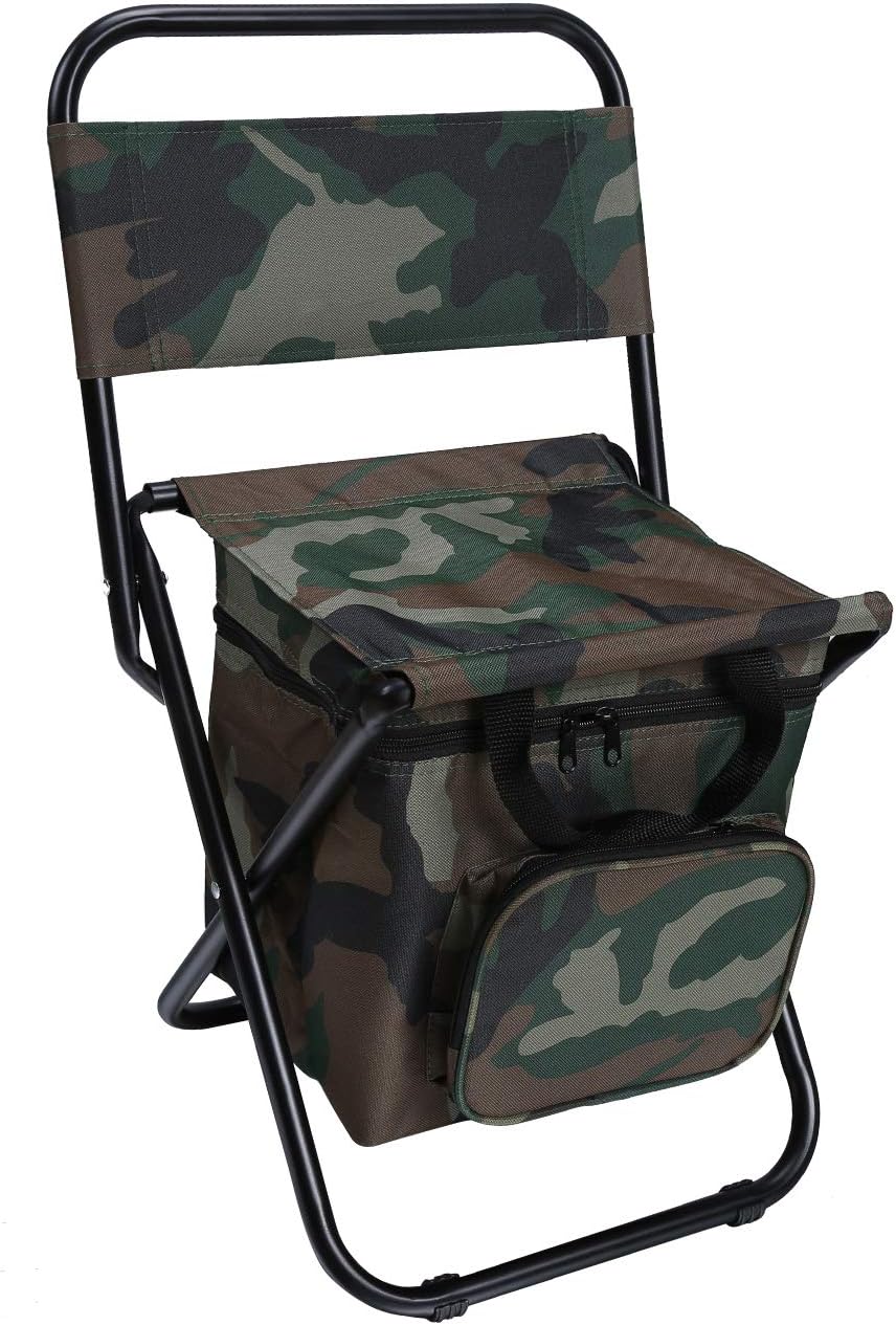 LEADALLWAY Fishing Chair with Cooler Bag Compact Fishing Stool Foldable Small Hunting Chair 12.2" Seat Depth,12.6" Seat Width