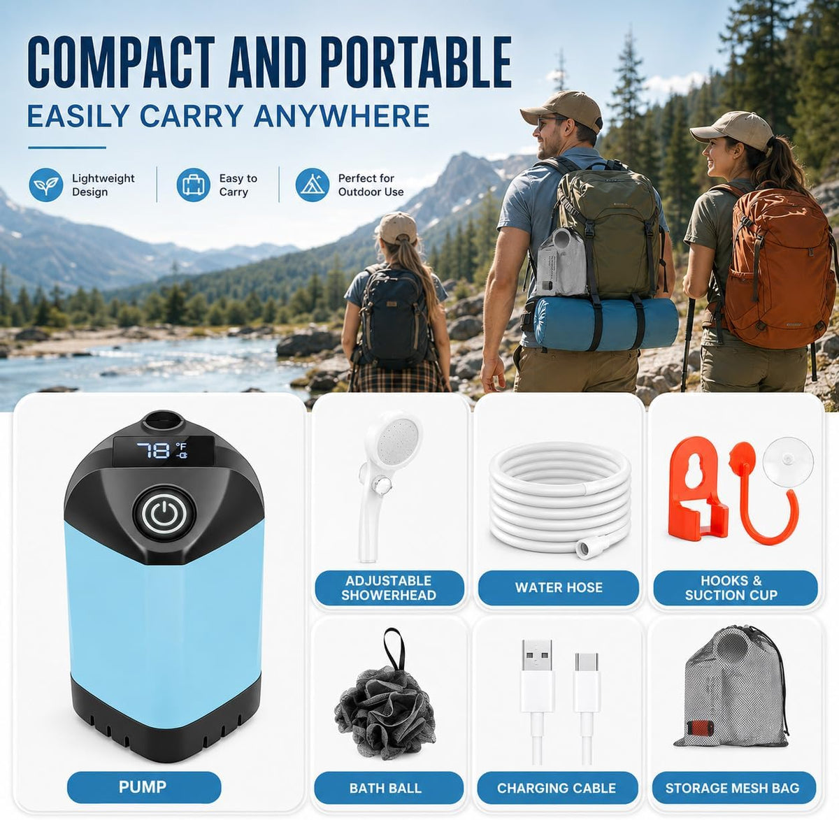 Portable Shower for Camping, Rechargeable Camping Shower with LED Display
