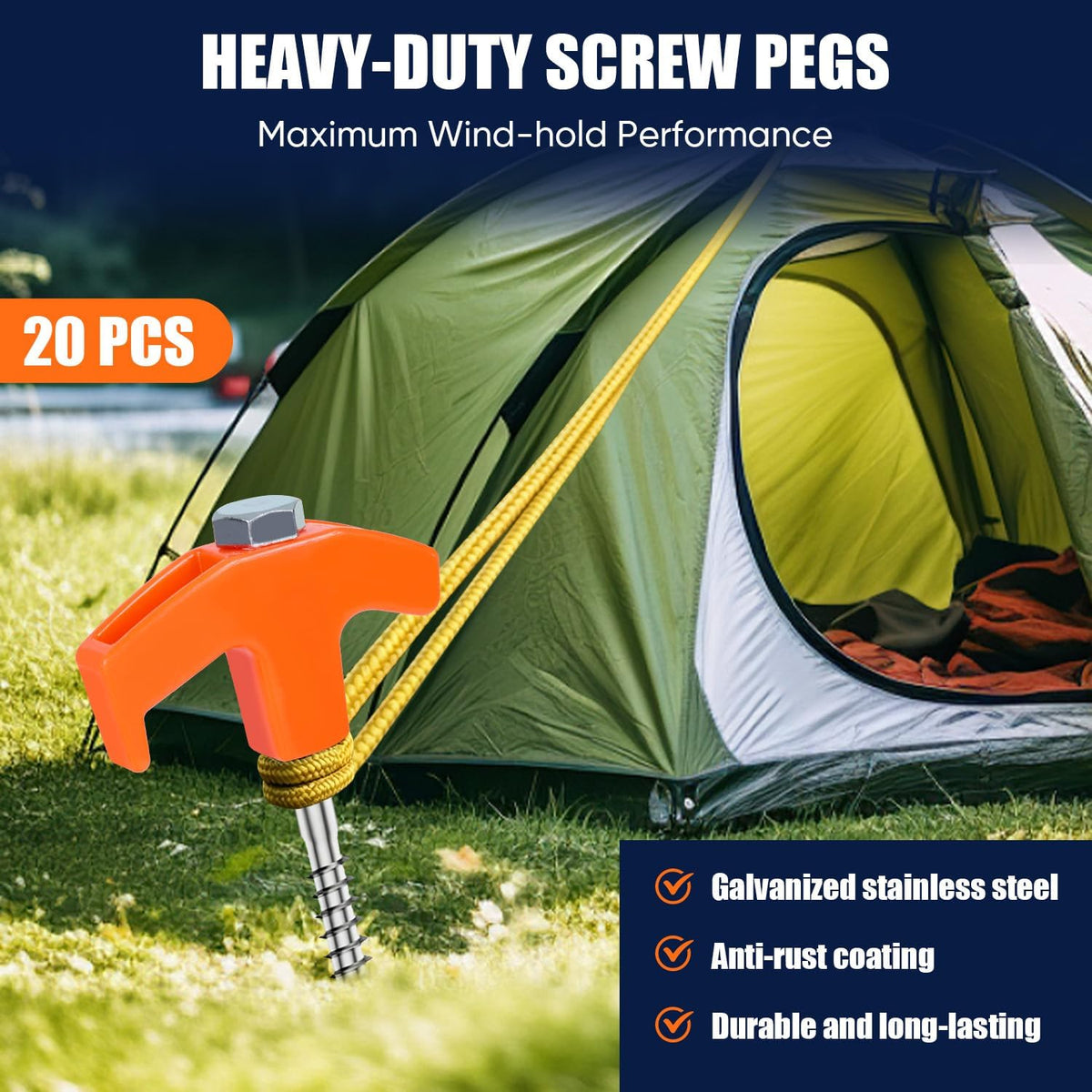 AOVFOREST 20 Pack Screw in Tent Stakes Heavy Duty, 8 Inch Ground Anchors Screw in, Metal Threaded Camping Stakes with Hex Head Driver, Shatterproof Large Head Pegs for Canopies,Inflatables,Tents