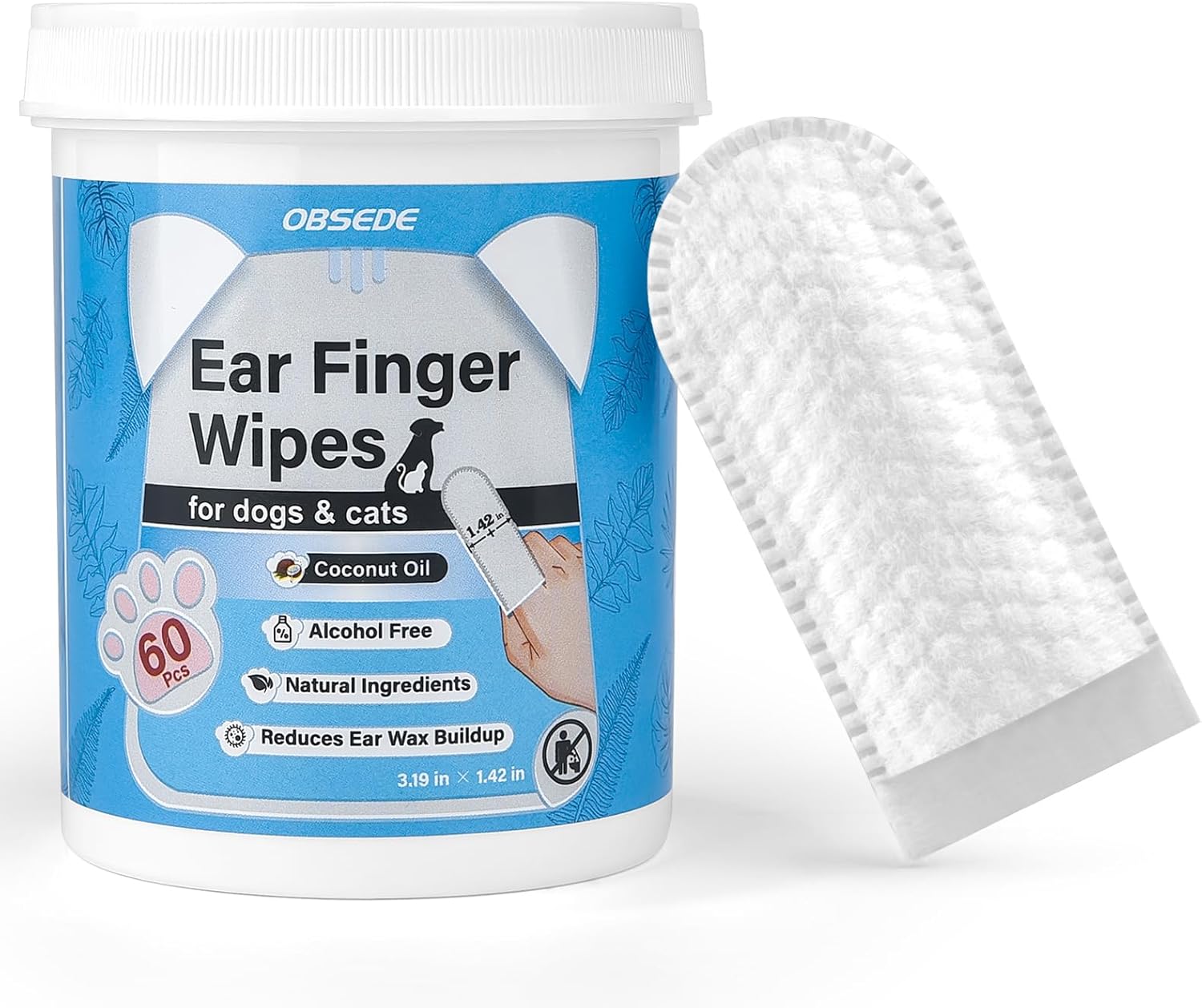 OBSEDE Ear Finger Wipes for Dogs & Cats, 120 Count, Alcohol Free Pet Care