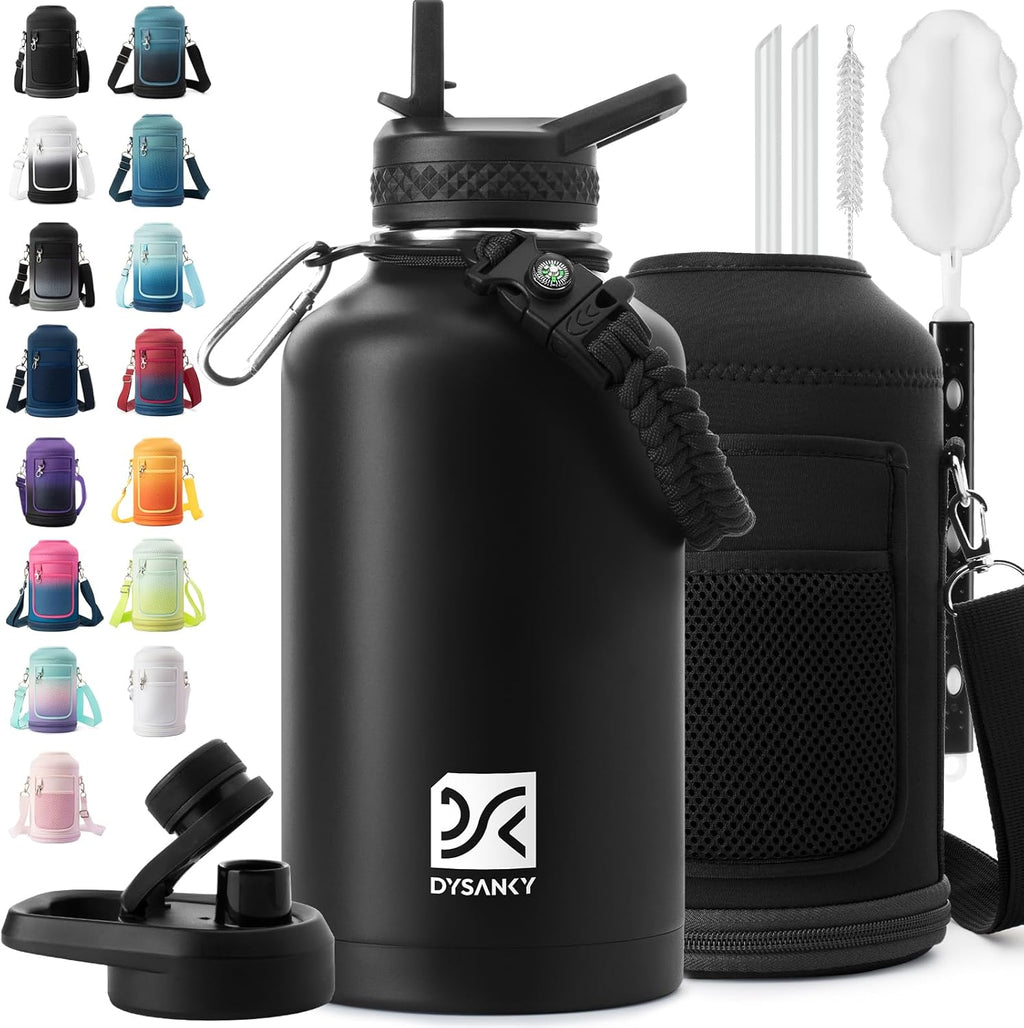 DYSANKY Insulated Water Bottle w/Straw Lid & Portable Carrier Bag, 64oz