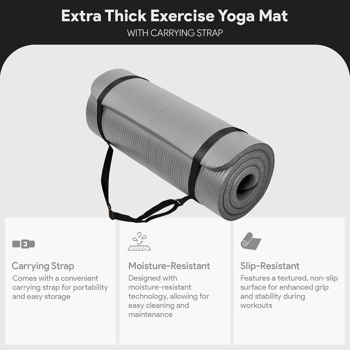 BalanceFrom All Purpose 1-Inch Extra Thick High Density Anti-Tear Exercise Yoga Mat with Carrying Strap, Multiple Colors