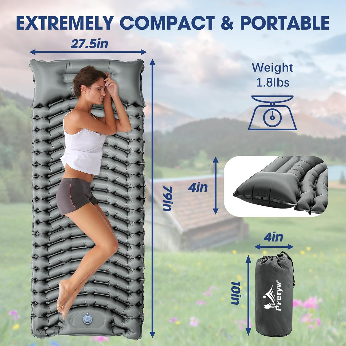 Ultralight Camping Sleeping Pad with Pillow & Built-in Foot Pump
