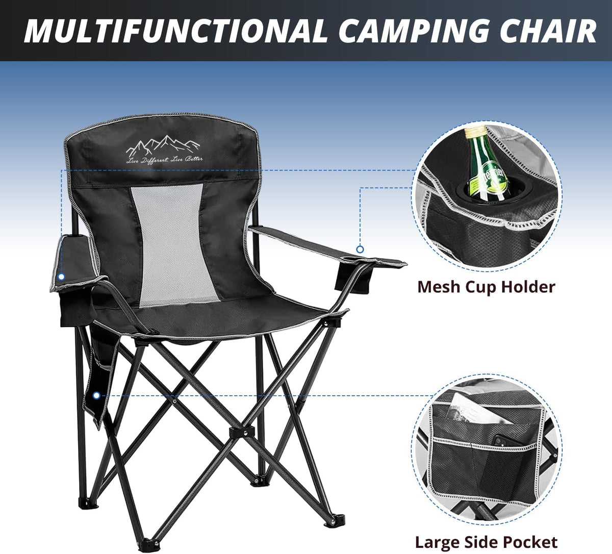 2PCS SAILARY Mesh Folding Camping Chairs, Oversized Portable Outdoor Chairs, Weight Capacity 325 lbs with Cup Holder, Storage Pocket, Carry Bag Black