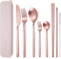 AARainbow 8 Pieces Stainless Steel Flatware Set Portable Reusable Cutlery Set Travel Utensils Set Including Chopsticks Knife Fork Spoon Straws Cleaning Brush Dishwasher Safe (B-Rose Golden)