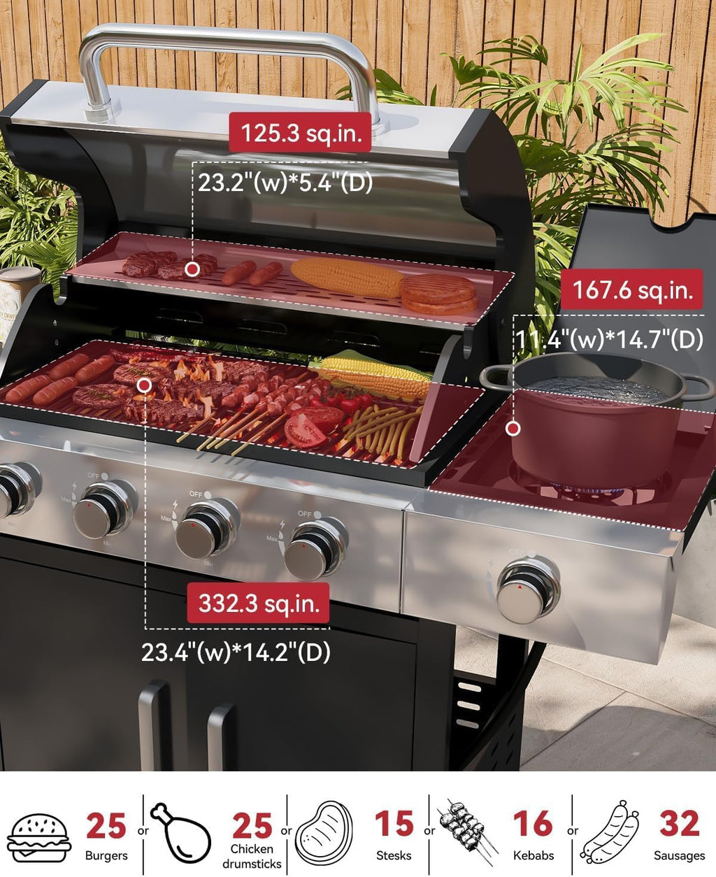 Aoxun 4-Burner 49000 BTU Propane Grill with Side Burner, Black
