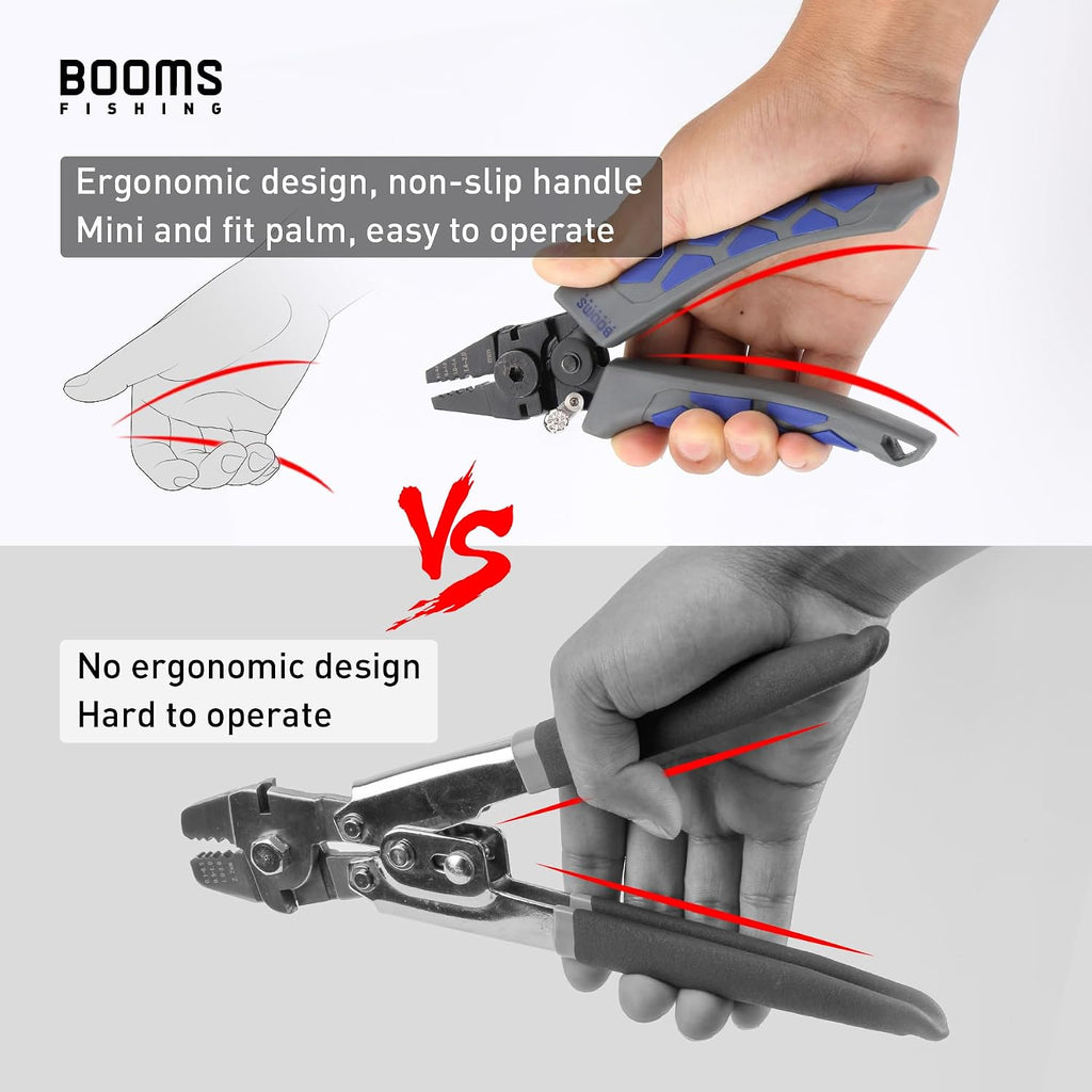 Booms Fishing CP4 Wire Crimping Tool with Cutter, Effort-Saving Fishing Crimping Pliers, High Carbon Steel Fishing Plier Wire Rope Leader Crimper Tool, 7 inch Crimpers Swager with Ergonomic Handle
