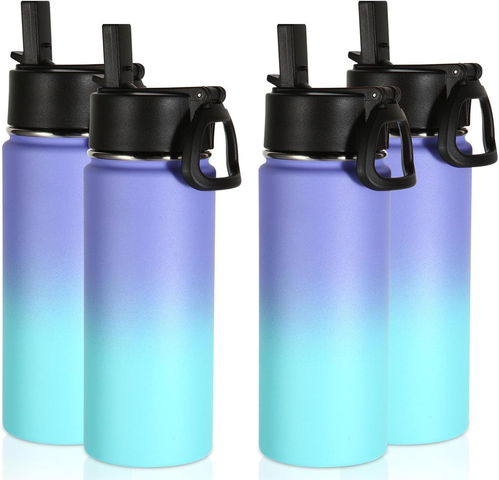 Volhoply 16 OZ Kids Water Bottle Bulk 4 Pack,Insulated Sports Bottles with Straw Lid,Stainless Steel Bottle with Handle Keep Cold & Hot,Double Wall Vacuum Tumbler Cups for School(Purple Blue, 4)