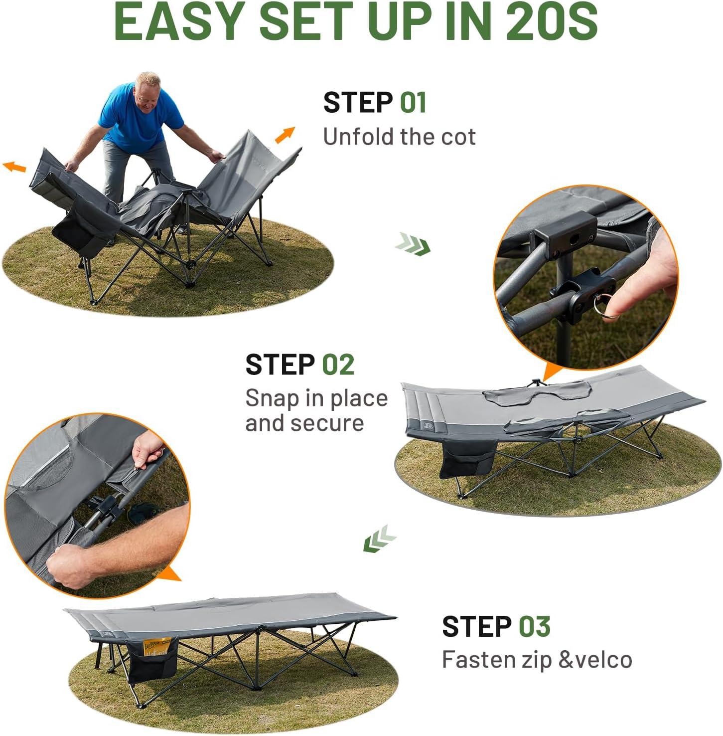 TIMBER RIDGE 31.8" Extra Wide Camping Cot for Adult, Easy Set Up, Heavy Duty Oversized Sleeping Bed with Carry Bag for Camping, Travel and Outdoors, Support up to 450lbs, Grey 2 Pack