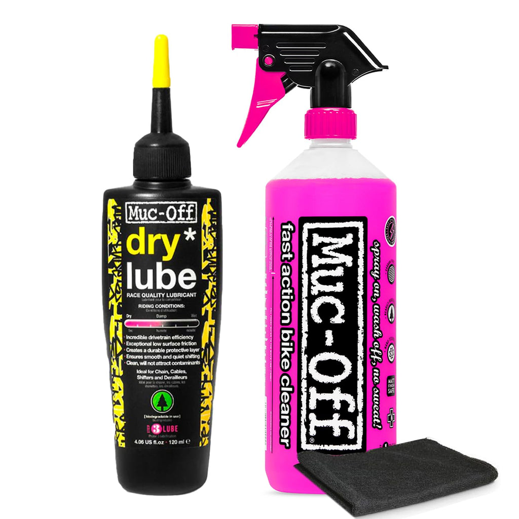 Muc-Off Nano Tech Bike Cleaner 1 Liter & Bio Dry Chain Lube 120ml Bundle with Microfiber Towel | Ultimate Bike Cleaning & Lubrication Kit | Safe on All Surfaces | Wax-Based Lube for Dry Conditions