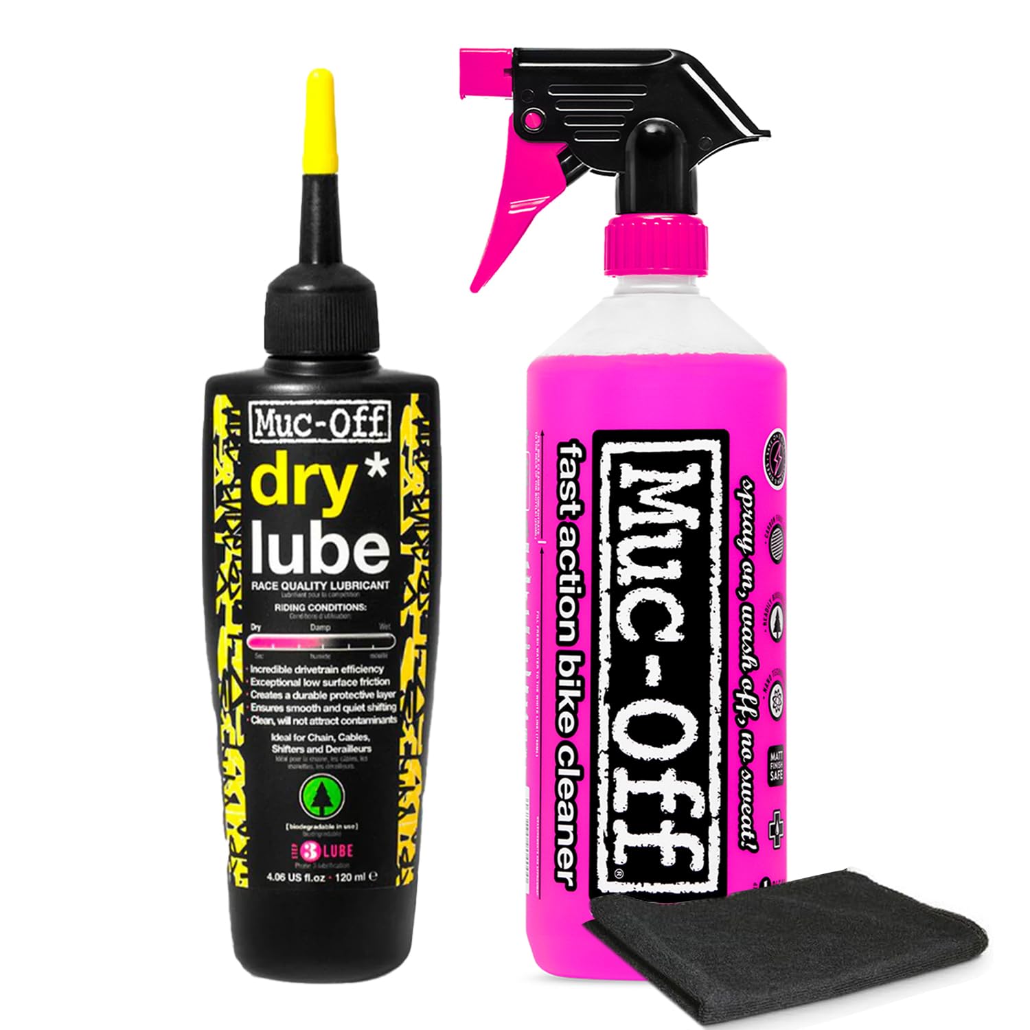 Muc-Off Nano Tech Bike Cleaner 1 Liter & Bio Dry Chain Lube 120ml Bundle with Microfiber Towel | Ultimate Bike Cleaning & Lubrication Kit | Safe on All Surfaces | Wax-Based Lube for Dry Conditions