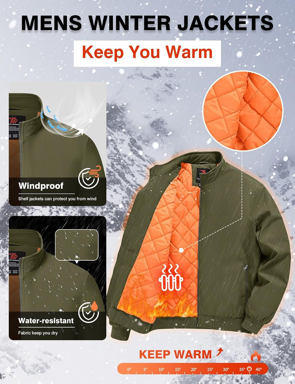 TBMPOY Men's Winter Jackets Bomber Padded Casual Windbreaker Warm Fall Coat
