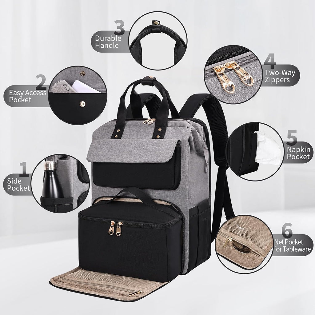 BERTASCHE Lunch Backpack for Women, 15.6 Inch Laptop Backpack with Insulated Cooler Lunch box, Nurse Backpack for Teacher Work Travel College Picnic,Black-Grey