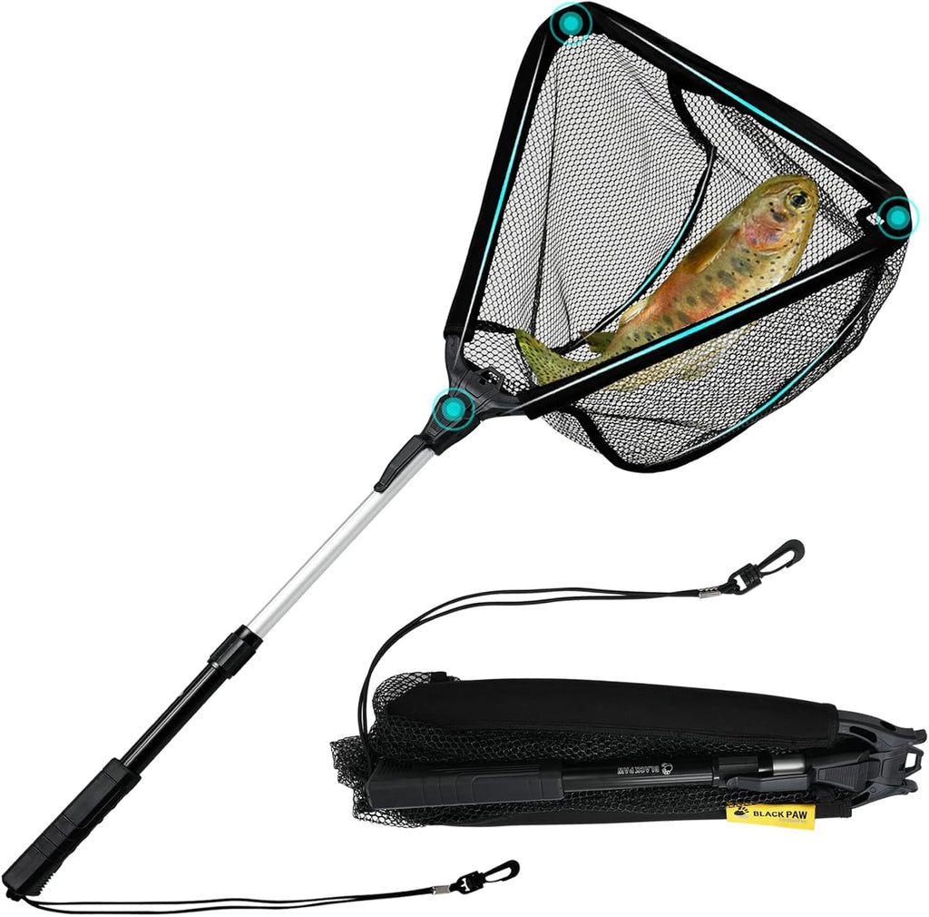 Black Paw Floating Fishing Net Foldable Telescopic Fish Landing Net with Built in Length Scale Rubber Coated for Kayak, Fly, Trout