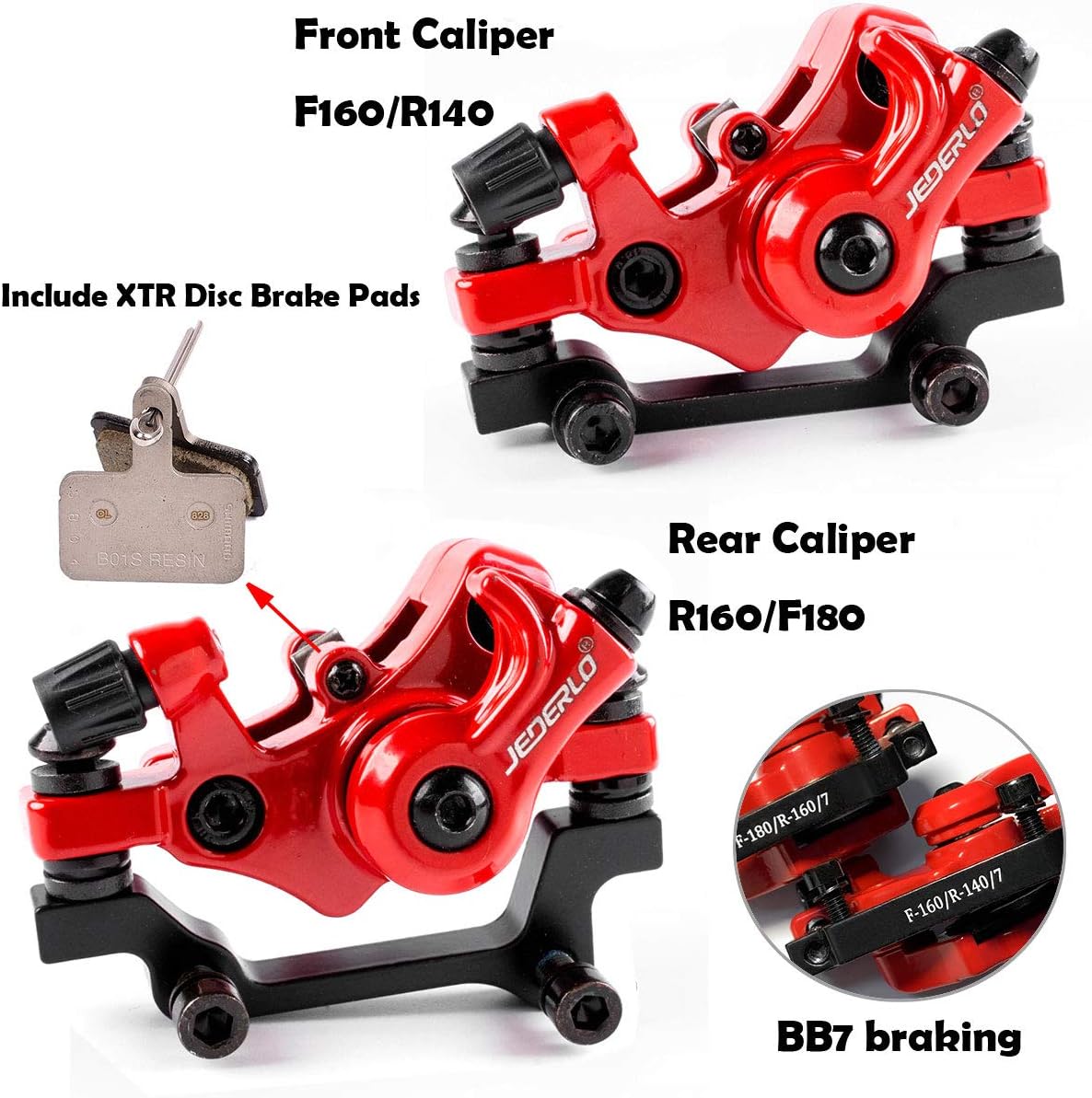 Farbetter Bike Disc Brake Kit, Including Front and Rear Caliper, 160mm Rotor, Mechanic Tool-Free Pad Adjuster for Mountain Bike, Road Cycling, Fixed Gear Bike, MTB, BMX (Red)