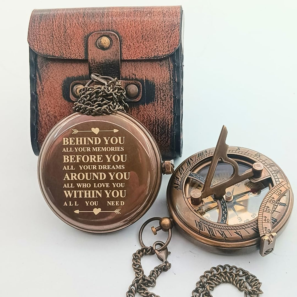 Behind You Engraved Brass Compass Gift for Men - Handcrafted Vintage Brass Sundial Compass – Antique Nautical Sun Clock with Leather Case - Best Graduation Gift - Best College Graduation Gift