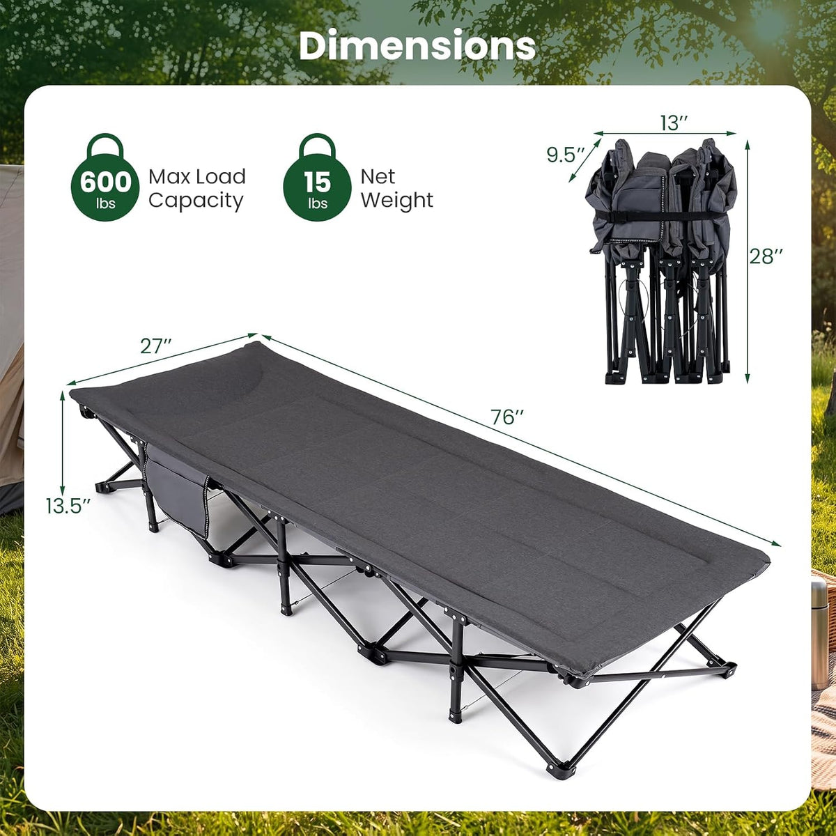 Goplus Camping Cot with Padded Pillow, Carry Bag, Max Load 600 lbs, Grey
